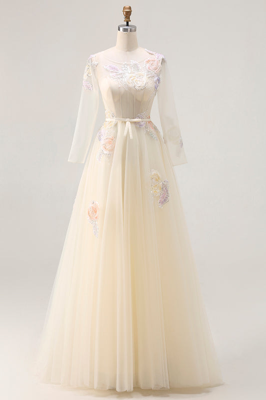 Sparkly Floral Yellow A Line Tulle Appliqued Long Corset Prom Dress with Sleeves