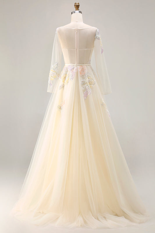 Sparkly Floral Yellow A Line Tulle Appliqued Long Corset Prom Dress with Sleeves