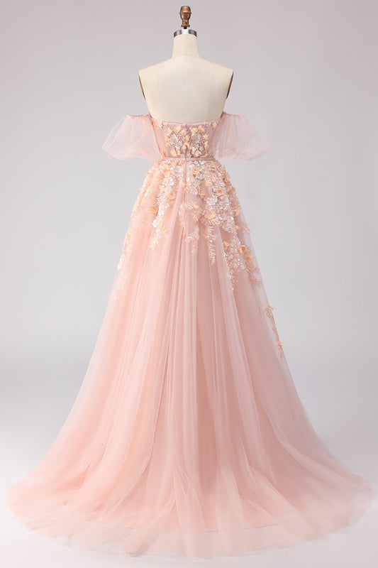 Floral Blush Off the Shoulder A Line Long Prom Dress with Bow