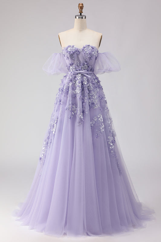 Floral Purple Off the Shoulder A Line Long Prom Dress with Bow