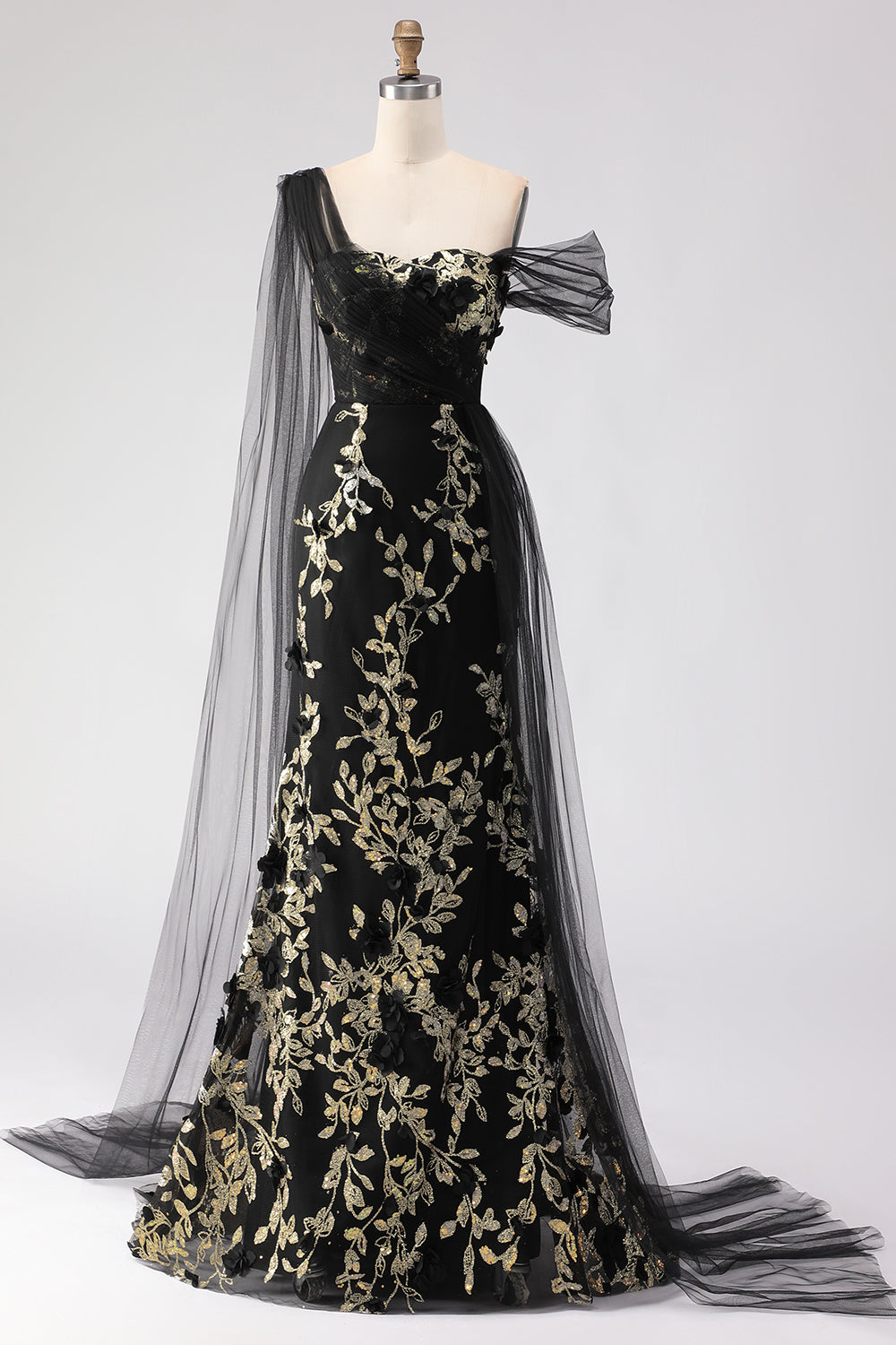 Zapakasa Women Floral Black Golden Sheath Long Prom Dress with Side