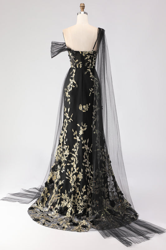 Floral Black Golden One Shoulder Sheath Long Prom Dress with Side Cape