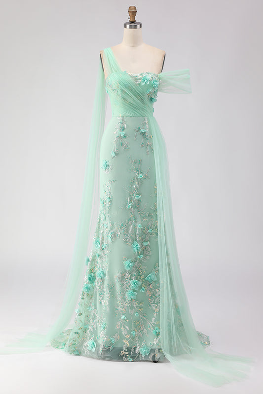 Floral Green One Shoulder Long Prom Dress with Side Cape