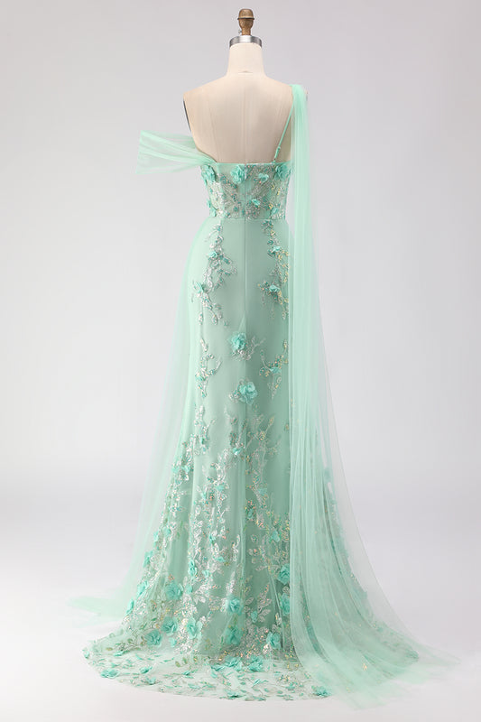 Floral Green One Shoulder Long Prom Dress with Side Cape