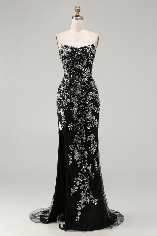 Sparkly Black Floral Mermaid Strapless Long Prom Dress with Beading