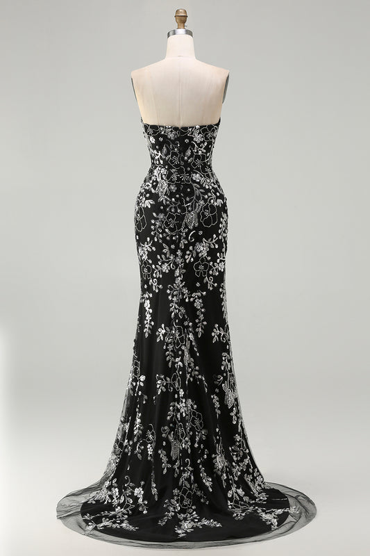 Sparkly Black Floral Mermaid Strapless Long Prom Dress with Beading