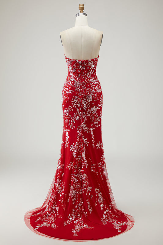 Sparkly Red Floral Mermaid Long Prom Dress with Beading