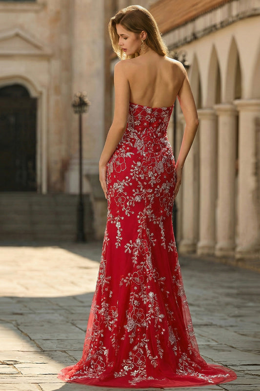 Sparkly Floral Red Mermaid Strapless Long Prom Dress with Beading