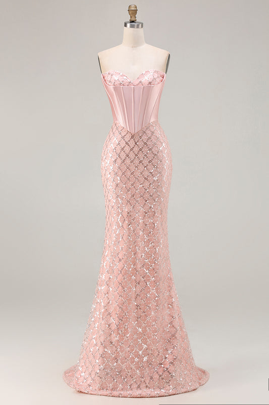 Sparkly Blush Mermaid Sequin Sweetheart Long Corset Prom Dress
