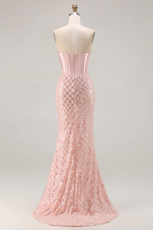 Sparkly Blush Mermaid Sequin Sweetheart Long Corset Prom Dress