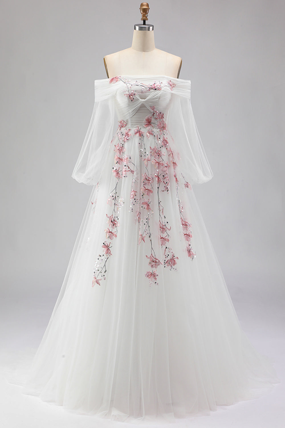 Zapakasa Women Sparkly Floral White Tulle Long Sleeves Prom Dress with Sequins Off the Shoulder Backless A Line Ruched Formal Dress Zapakasa Women Sparkly Floral White Tulle Long Sleeves Prom Dress with Sequins Off the Shoulder Backless A Line Ruched Formal Dress