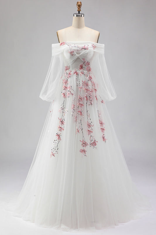 Floral Sparkly White A Line Tulle Long Sleeves Prom Dress with Sequins