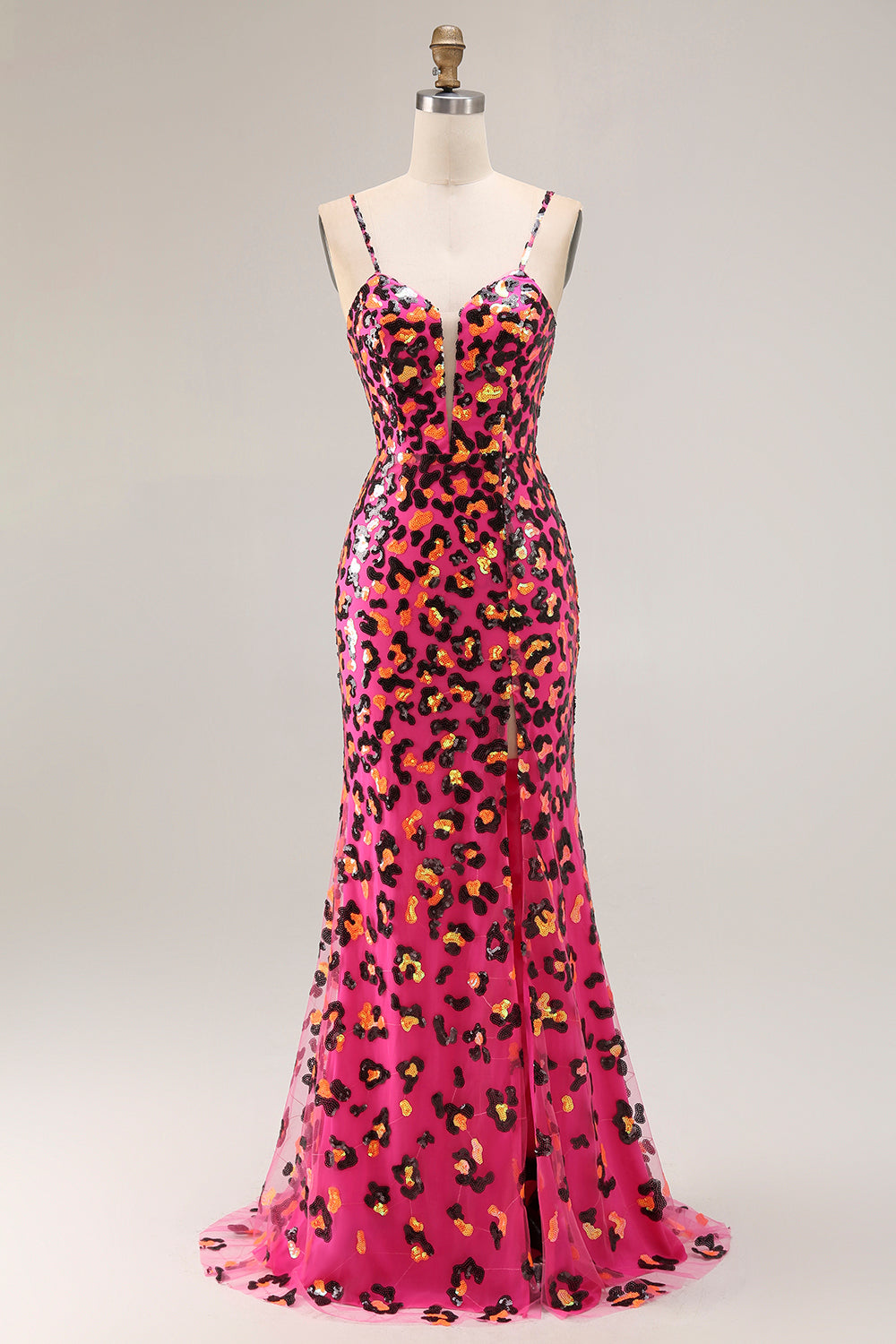 Sparkly Fuchsia Leopard Mermaid Long Prom Dress with Slit Sparkly Fuchsia Leopard Mermaid Long Prom Dress with Slit