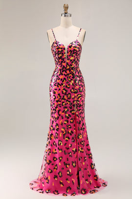 Sparkly Fuchsia Leopard Mermaid Long Prom Dress with Slit