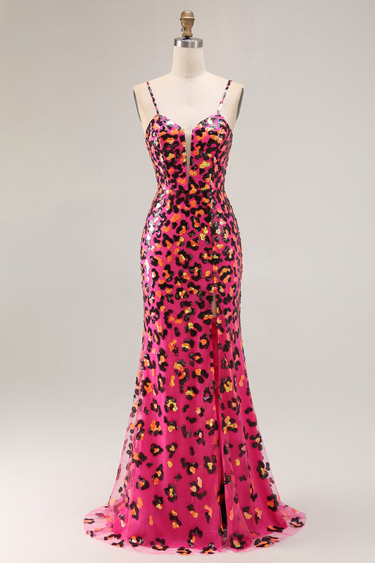 Sparkly Fuchsia Leopard Mermaid Long Prom Dress with Slit