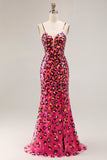 Sparkly Fuchsia Leopard Mermaid Long Prom Dress with Slit Sparkly Fuchsia Leopard Mermaid Long Prom Dress with Slit