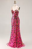 Sparkly Fuchsia Leopard Mermaid Long Prom Dress with Slit Sparkly Fuchsia Leopard Mermaid Long Prom Dress with Slit