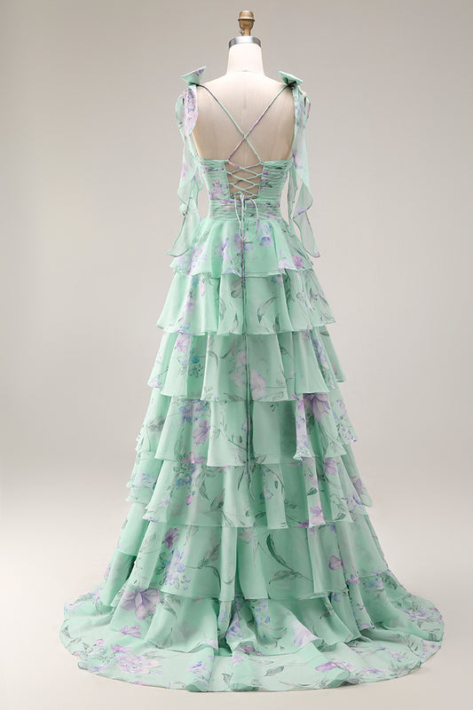 Green and Purple Floral Ruffled Spaghetti Straps Long Prom Dress with Slit