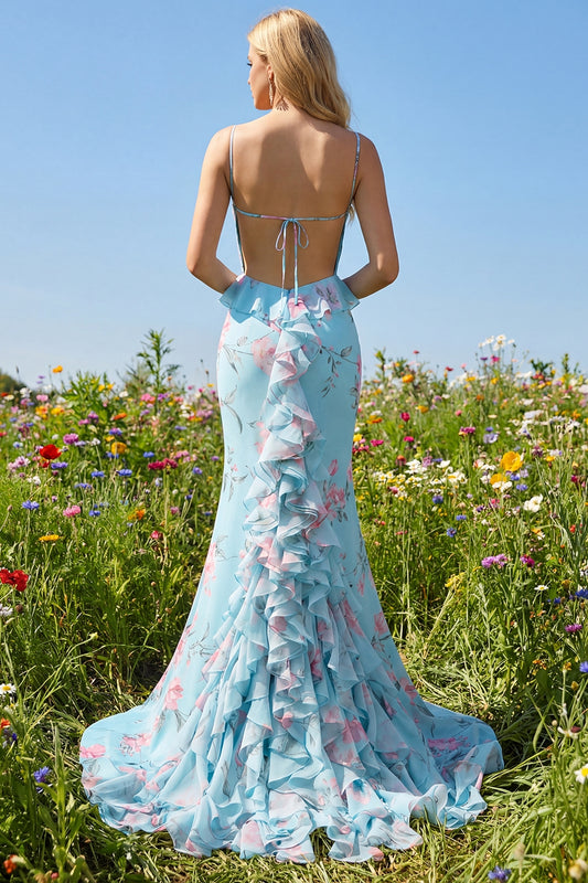 Floral Blue and Pink Spaghetti Straps Mermaid Long Prom Dress with Ruffles