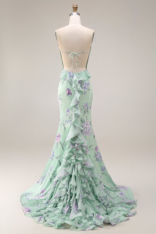 Green and Purple Floral Mermaid Ruffled Spaghetti Straps Long Prom Dress