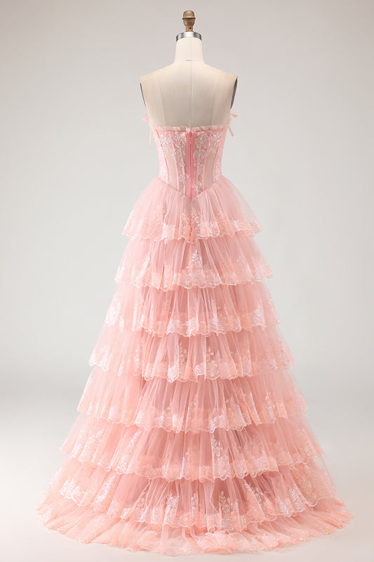 Floral Blush Tiered Tulle A Line Long Corset Prom Dress with Slit