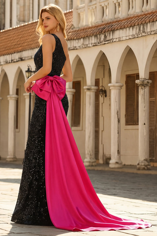 Sparkly Black Sequin One Shoulder Mermaid Long Prom Dress with Side Cape