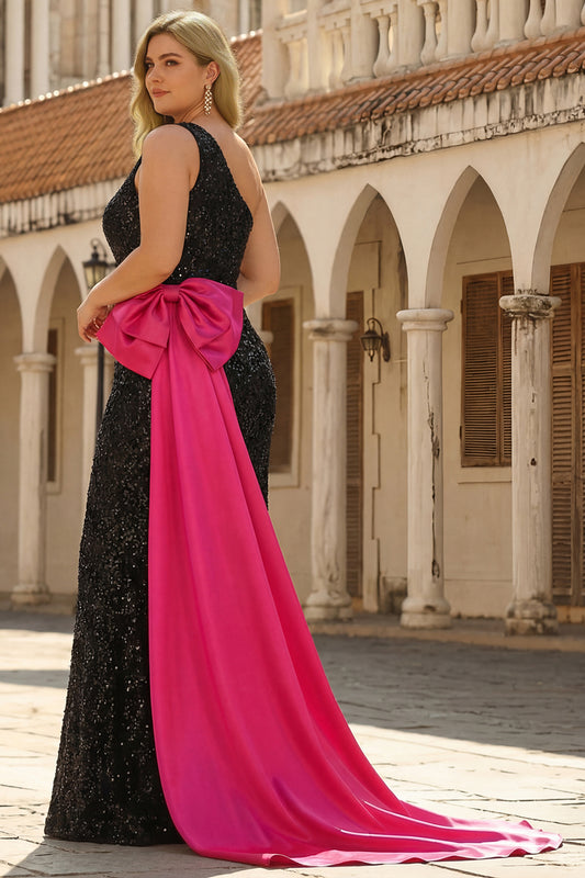 Sparkly Black Sequin One Shoulder Mermaid Long Prom Dress with Side Cape