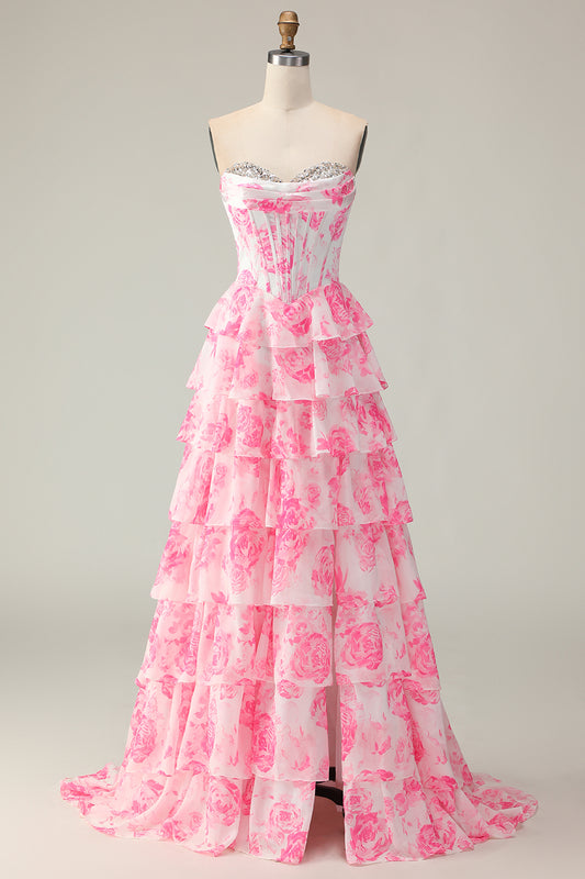 Sparkly White and Pink Floral Ruffled Strapless Corset Long Prom Dress