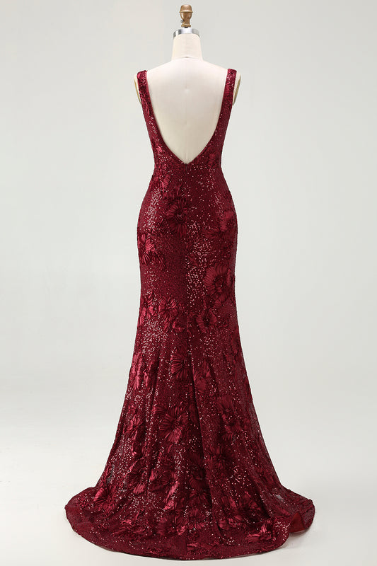 Sparkly Burgundy Sequin Mermaid Long Prom Dress with Slit
