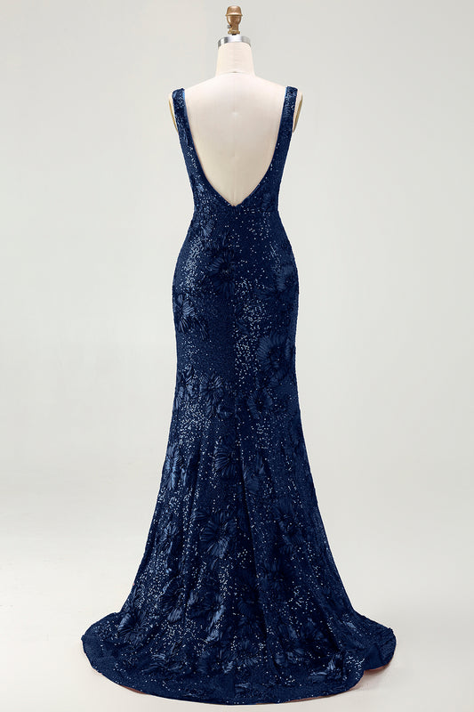 Sparkly Navy Mermaid Sequin Long Prom Dress with Slit