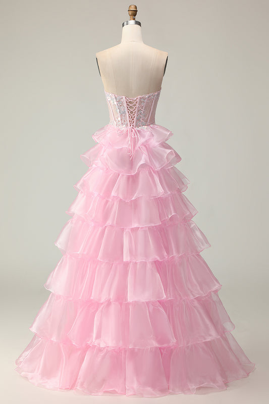 Sparkly Pink Strapless Ruffled Long Corset Prom Dress