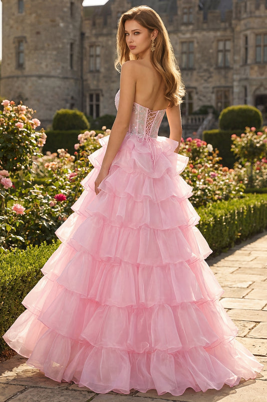 Sparkly Pink Strapless Ruffled Long Corset Prom Dress
