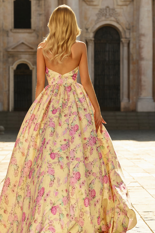 Floral Yellow and Pink A Line Halter Long Prom Dress with Slit