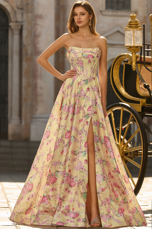 Floral Yellow and Pink A Line Strapless Long Corset Prom Dress with Slit