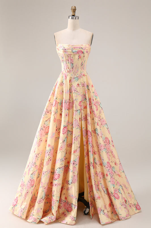 Floral Yellow and Pink Strapless A Line Corset Long Prom Dress with Slit