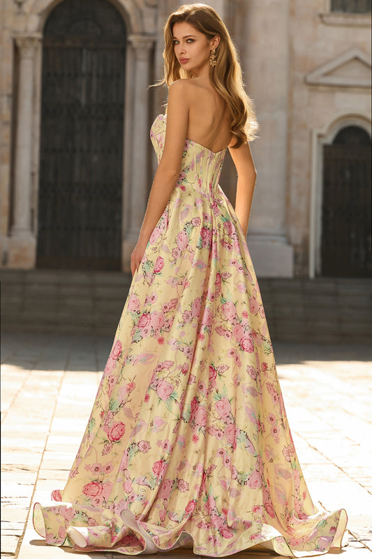 Floral Yellow and Pink A Line Strapless Long Corset Prom Dress with Slit