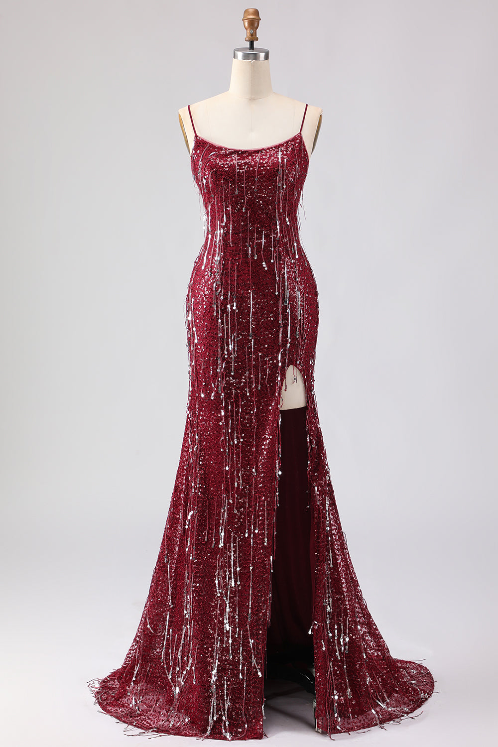 Zapakasa Women Sparkly Burgundy Sequins Long Prom Dress with Slit