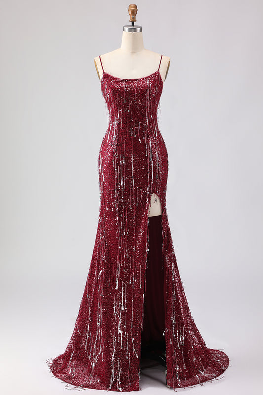 Sparkly Burgundy Mermaid Sequins Long Prom Dress with Slit