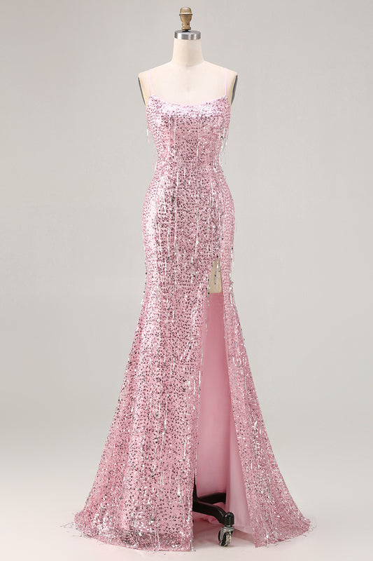 Sparkly Pink Sequins Mermaid Long Prom Dress with Slit