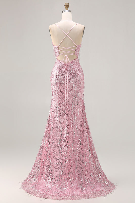 Sparkly Pink Sequins Mermaid Long Prom Dress with Slit