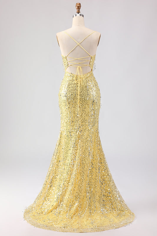 Sparkly Yellow Sequins Spaghetti Straps Long Prom Dress with Slit