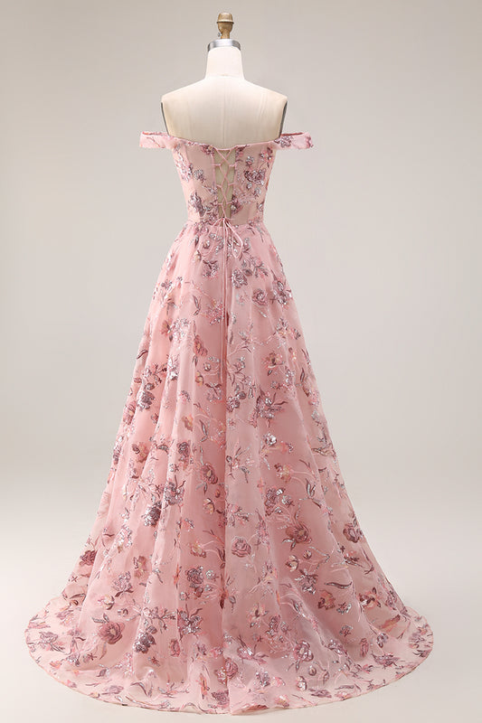 Floral Blush Off the Shoulder A Line Long Prom Dress with Sequins