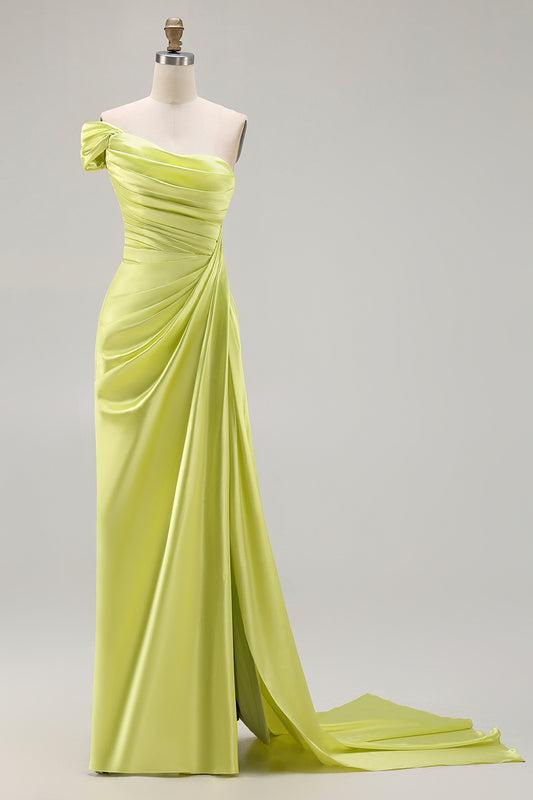 Green One Shoulder Sheath Long Prom Dress with Slit