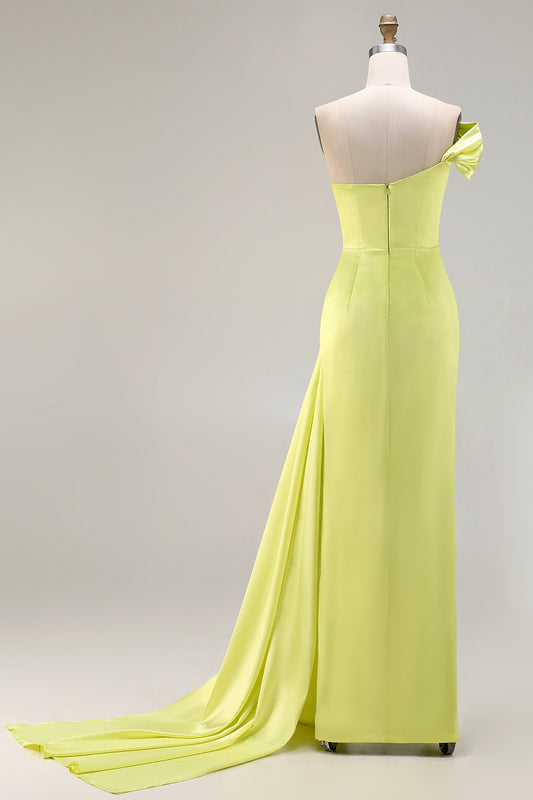 Green One Shoulder Sheath Long Prom Dress with Slit
