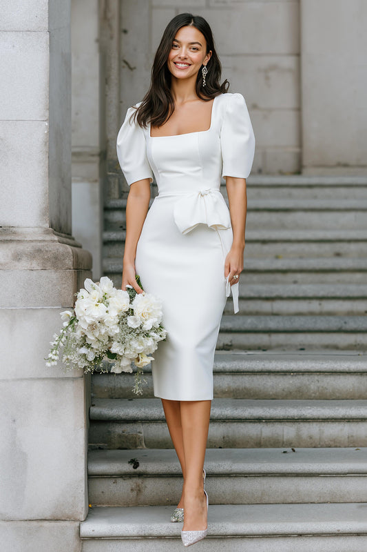 White Satin Square Neck Bodycon Midi Engagement Dress with Sleeves