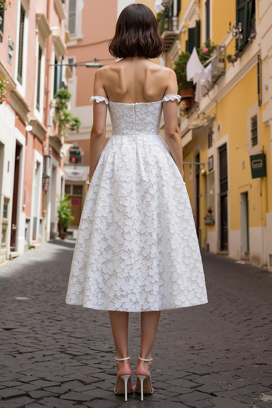White Lace Off the Shoulder A Line Midi Engagement Dress