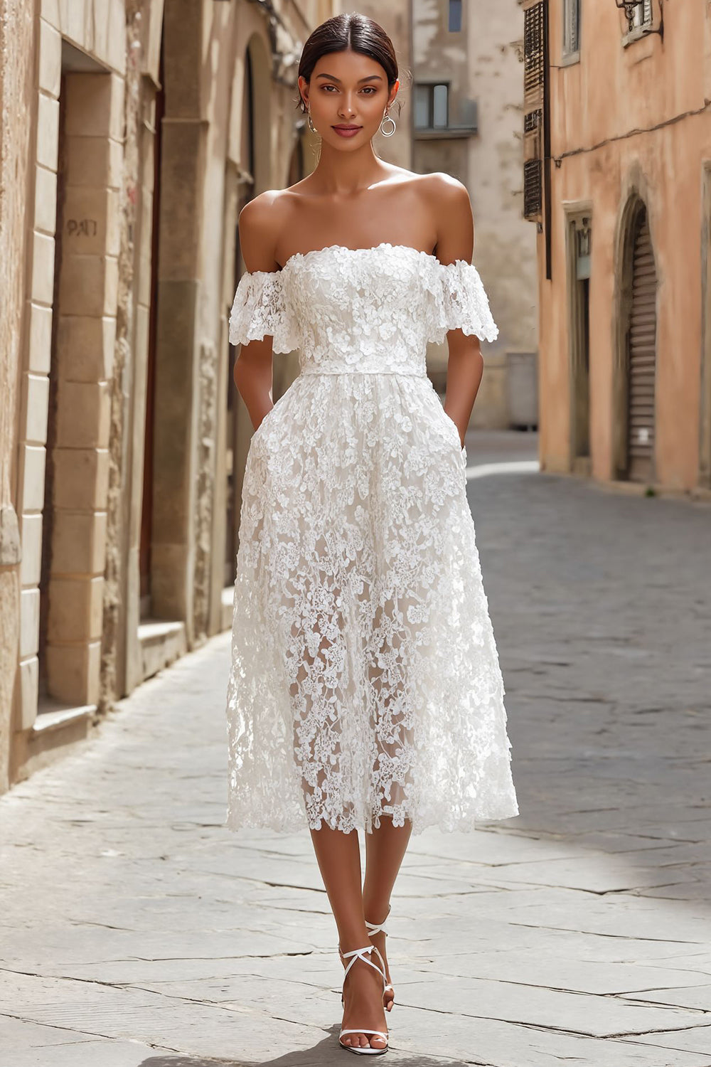 white engagement dress midi White Midi Civil Wedding Dress, Asymmetrical Neckline Slit Gown, Reception, Elopement, Rehearsal Dinner, Bridal Shower, Engagement