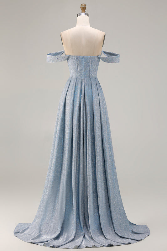 Dusty Blue Off the Shoulder Ruched Long Corset Prom Dress with Slit