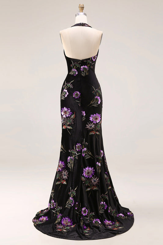 Sparkly Black Velvet Floral Halter Mermaid Long Prom Dress with Slit