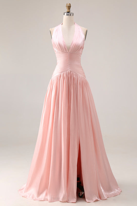 BIush Pink Satin Halter A Line Long Prom Dress with Slit